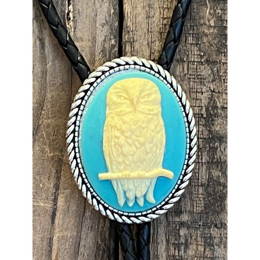 Mens Women OWL TURQUOISE Cameo Silver Pendant Lariat Black Bolo Tie Rockabilly